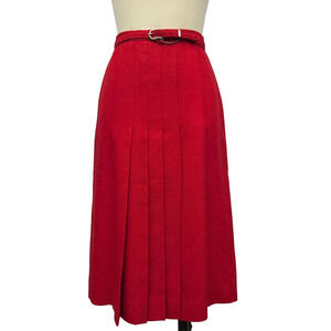 Vintage Red Pleated Midi Skirt Size S Academia 60s Secretary MCM Belted Retro